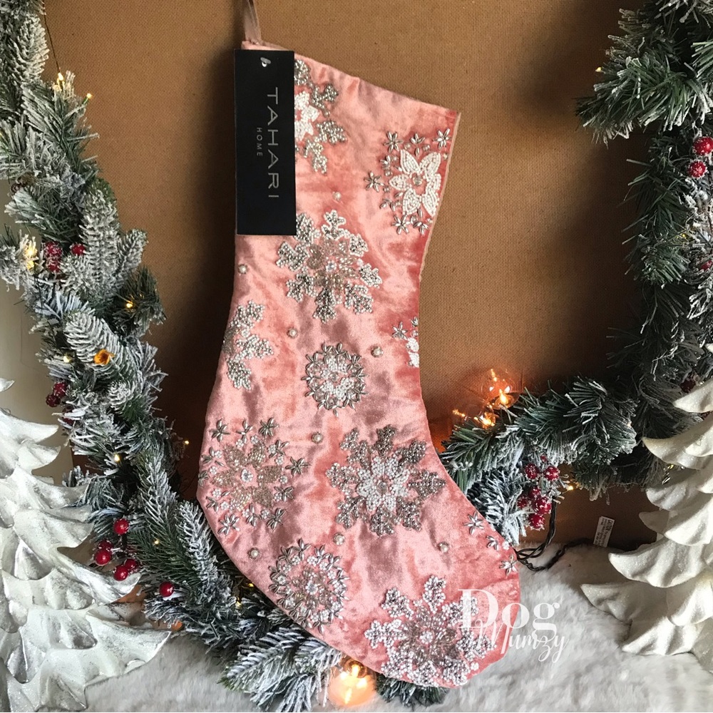 Pink Velvet Embellished Snowflake Lined Designer Stocking